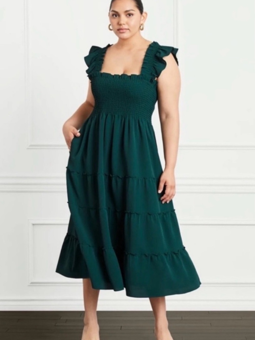 Hill House Dark Teal Ruffle-Sleeve Midi Dress